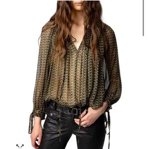 Zadig Voltaire logo chiffon metallic long sleeve tie top shirt S $398 gold brown